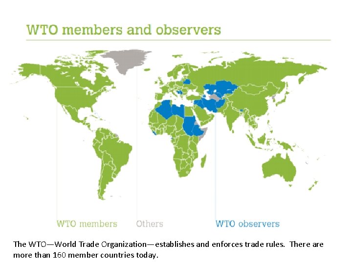 The WTO—World Trade Organization—establishes and enforces trade rules. There are more than 160 member