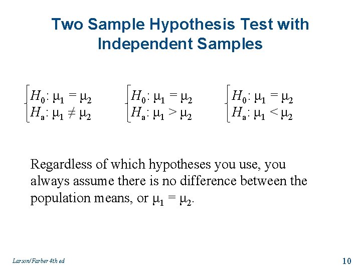 Two Sample Hypothesis Test with Independent Samples H 0: μ 1 = μ 2