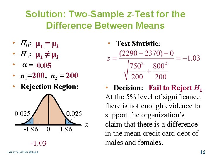 Solution: Two-Sample z-Test for the Difference Between Means • • • H 0: μ