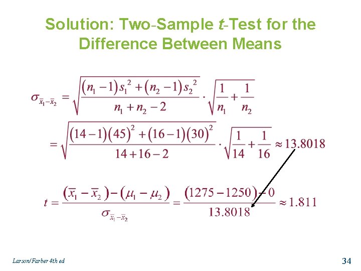 Solution: Two-Sample t-Test for the Difference Between Means Larson/Farber 4 th ed 34 