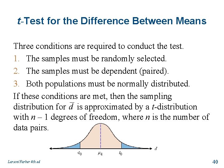 t-Test for the Difference Between Means Three conditions are required to conduct the test.