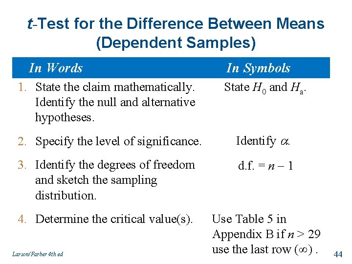 t-Test for the Difference Between Means (Dependent Samples) In Words In Symbols 1. State