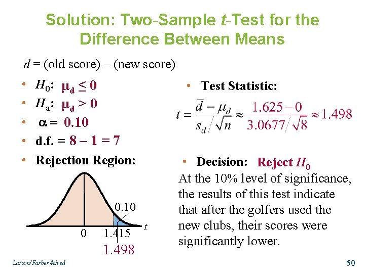 Solution: Two-Sample t-Test for the Difference Between Means d = (old score) – (new