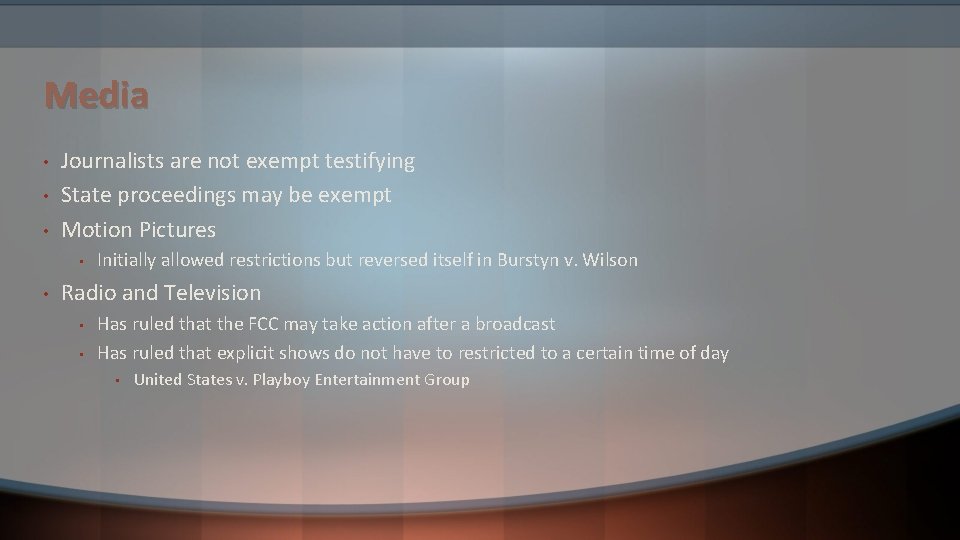 Media • • • Journalists are not exempt testifying State proceedings may be exempt