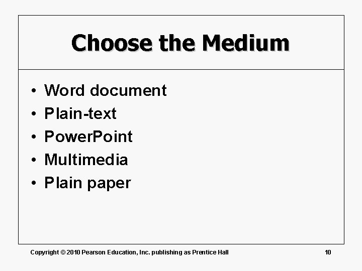 Choose the Medium • • • Word document Plain-text Power. Point Multimedia Plain paper