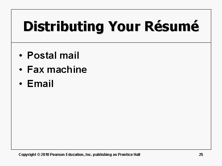 Distributing Your Résumé • Postal mail • Fax machine • Email Copyright © 2010