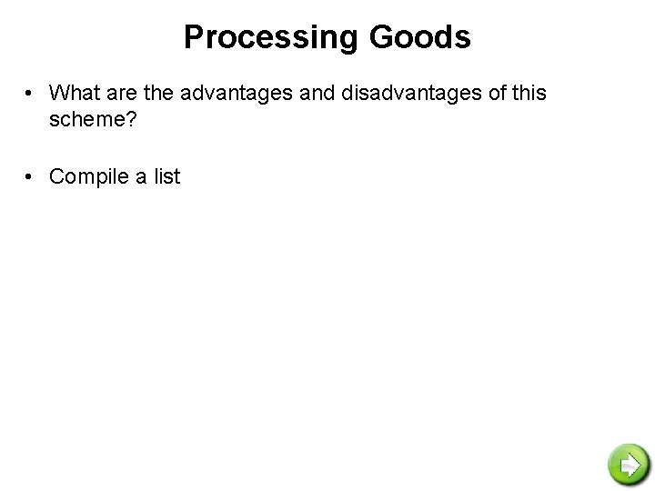 Processing Goods • What are the advantages and disadvantages of this scheme? • Compile