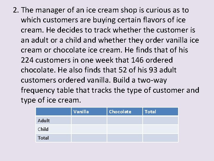 2. The manager of an ice cream shop is curious as to which customers