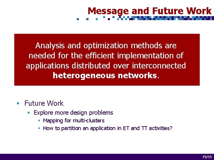 Message and Future Work Analysis and optimization methods are needed for the efficient implementation