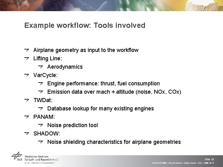 Example workflow: Tools involved Airplane geometry as input to the workflow Lifting Line: Aerodynamics