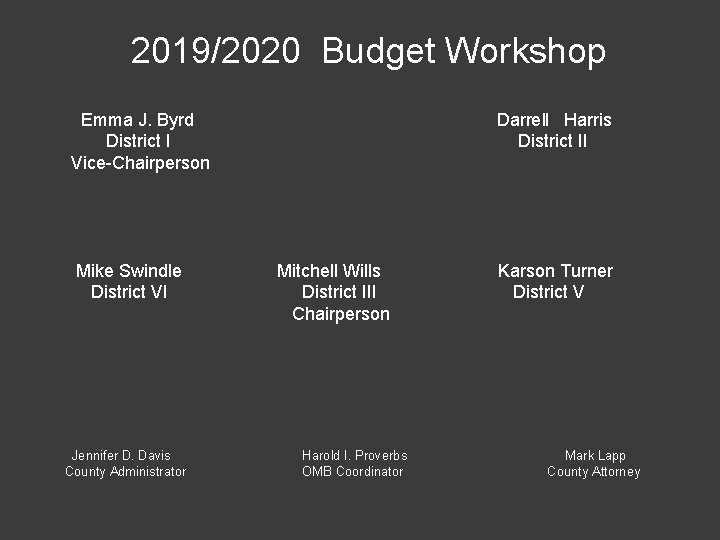2019/2020 Budget Workshop Emma J. Byrd District I Vice-Chairperson Mike Swindle District VI Jennifer