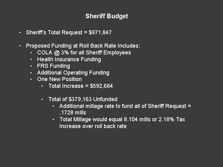 Sheriff Budget • Sheriff’s Total Request = $971, 847 • Proposed Funding at Roll