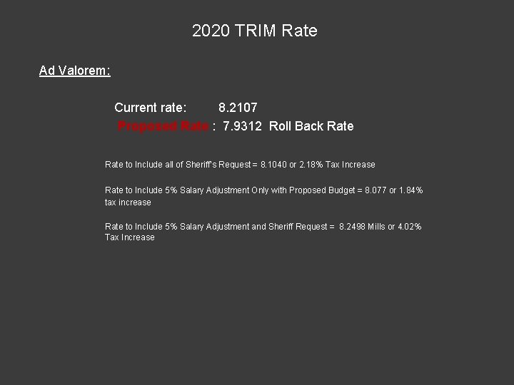 2020 TRIM Rate Ad Valorem: Current rate: 8. 2107 Proposed Rate : 7. 9312