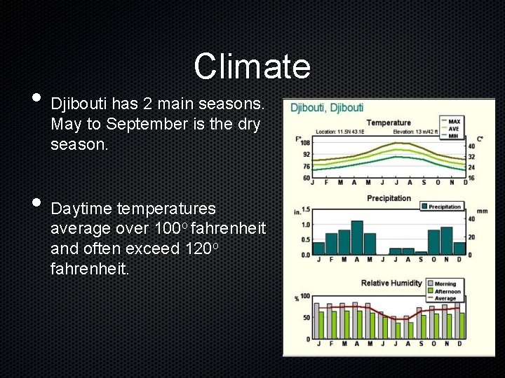 Climate • Djibouti has 2 main seasons. May to September is the dry season.