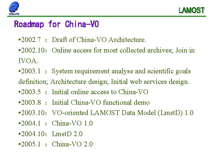 Roadmap for China-VO • 2002. 7 ：Draft of China-VO Architecture. • 2002. 10：Online access