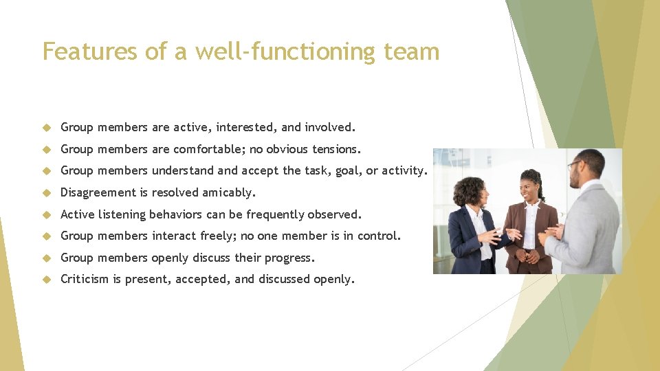Features of a well-functioning team Group members are active, interested, and involved. Group members