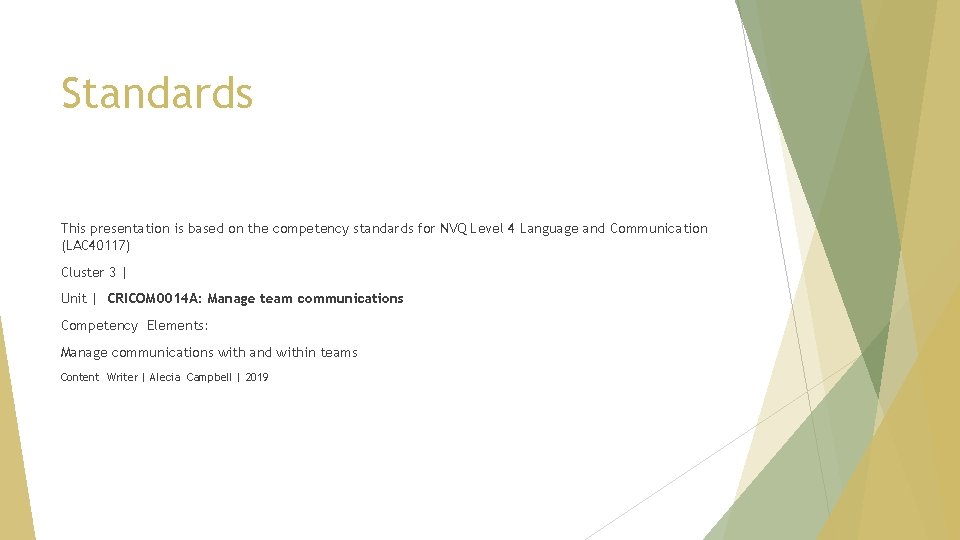 Standards This presentation is based on the competency standards for NVQ Level 4 Language