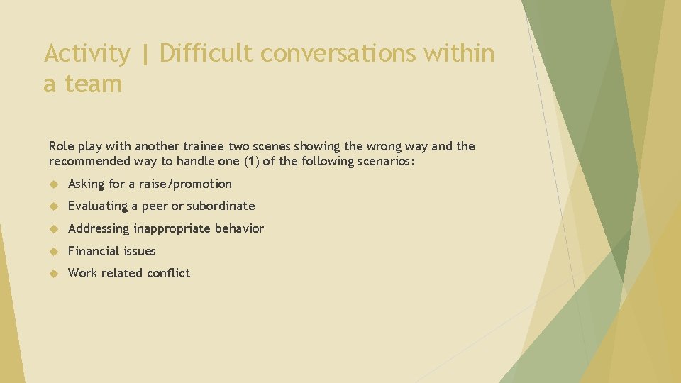 Activity | Difficult conversations within a team Role play with another trainee two scenes