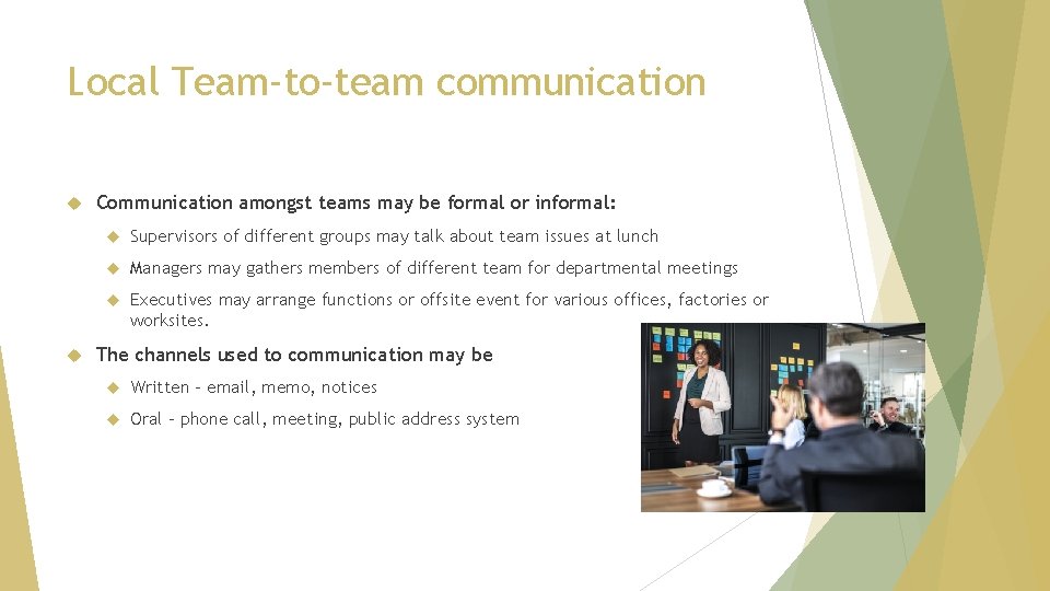 Local Team-to-team communication Communication amongst teams may be formal or informal: Supervisors of different
