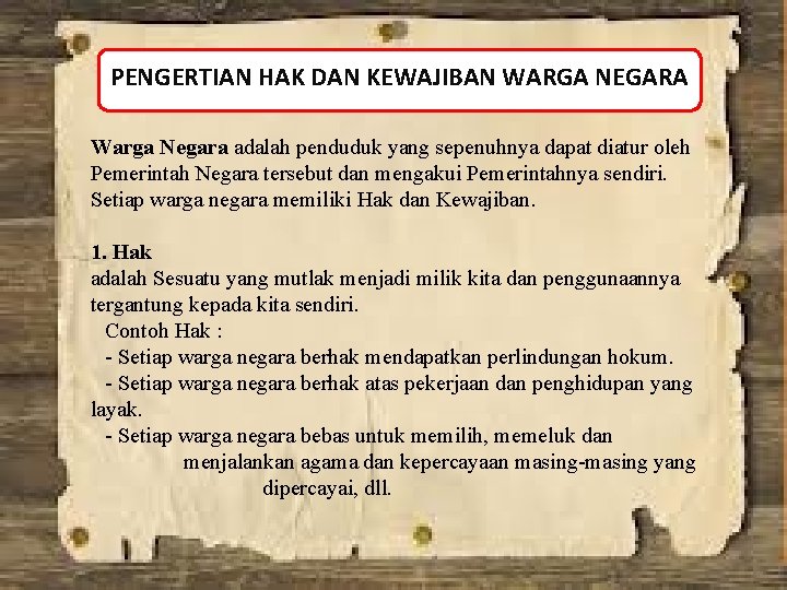 PENGERTIAN HAK DAN KEWAJIBAN WARGA NEGARA Warga Negara adalah penduduk yang sepenuhnya dapat diatur