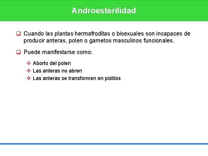 Androesterilidad q Cuando las plantas hermafroditas o bisexuales son incapaces de producir anteras, polen