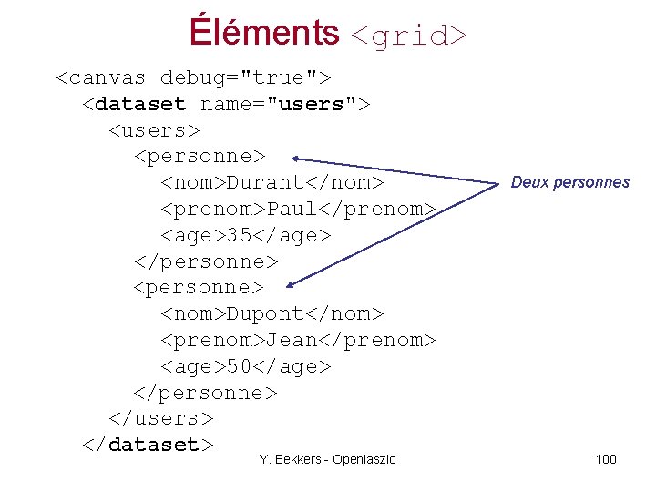 Éléments <grid> <canvas debug="true"> <dataset name="users"> <users> <personne> <nom>Durant</nom> <prenom>Paul</prenom> <age>35</age> </personne> <nom>Dupont</nom> <prenom>Jean</prenom>