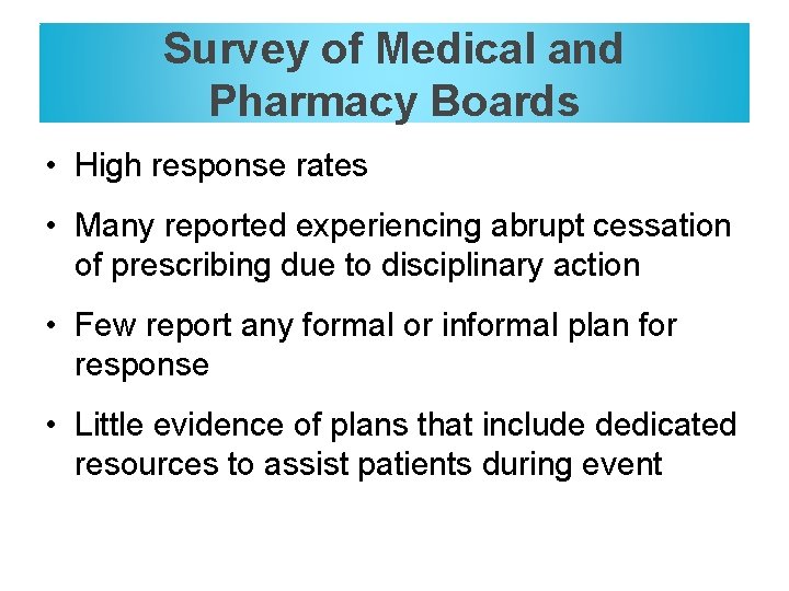Survey of Medical and Pharmacy Boards • High response rates • Many reported experiencing