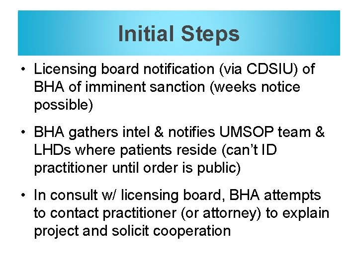 Initial Steps • Licensing board notification (via CDSIU) of BHA of imminent sanction (weeks