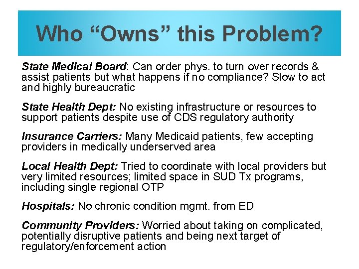 Who “Owns” this Problem? State Medical Board: Can order phys. to turn over records