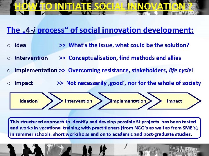 HOW TO INITIATE SOCIAL INNOVATION ? The „ 4 -i process“ of social innovation