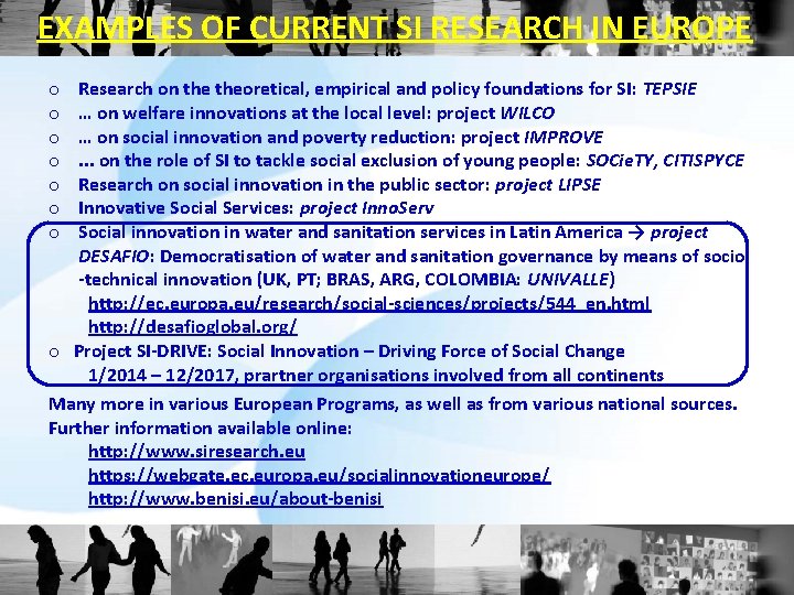 EXAMPLES OF CURRENT SI RESEARCH IN EUROPE Research on theoretical, empirical and policy foundations