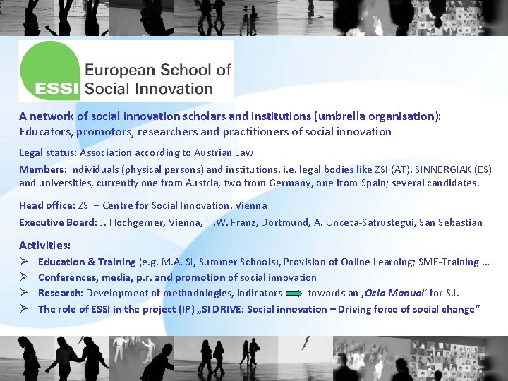 A network of social innovation scholars and institutions (umbrella organisation): Educators, promotors, researchers and