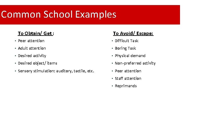 Common School Examples To Obtain/ Get : To Avoid/ Escape: • Peer attention •