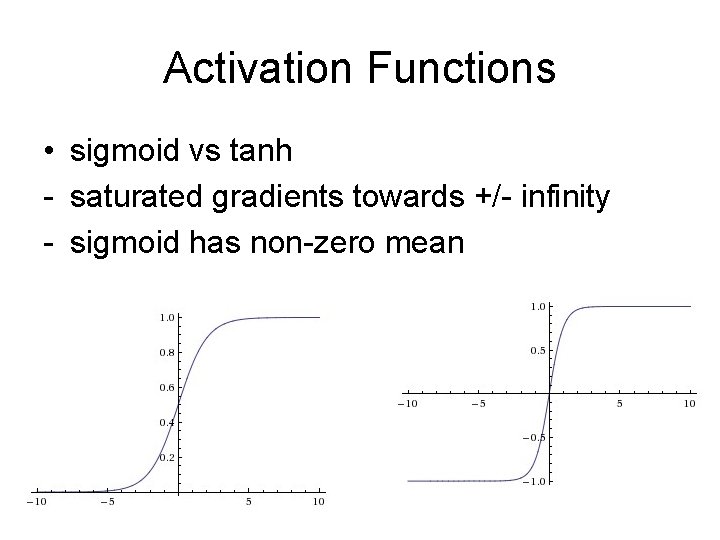 Activation Functions • sigmoid vs tanh - saturated gradients towards +/- infinity - sigmoid
