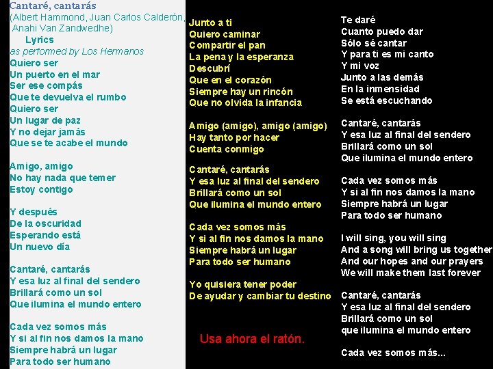 Cantaré, cantarás (Albert Hammond, Juan Carlos Calderón, Anahi Van Zandwedhe) Lyrics as performed by