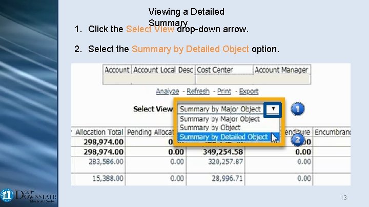 Viewing a Detailed Summary 1. Click the Select View drop-down arrow. 2. Select the