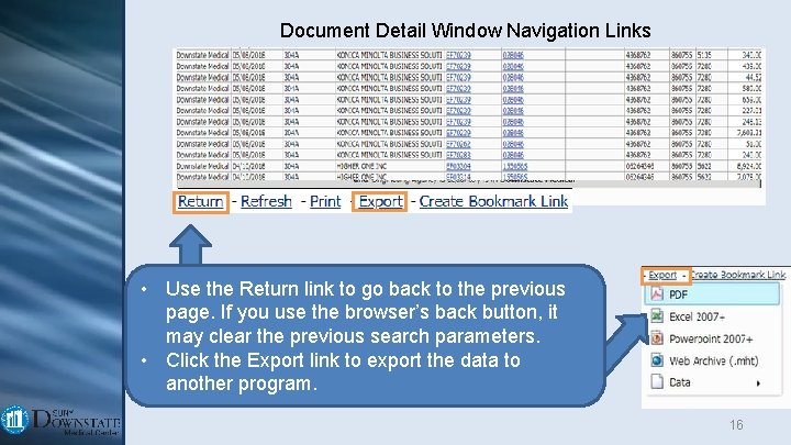 Document Detail Window Navigation Links • Use the Return link to go back to