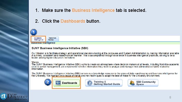 1. Make sure the Business Intelligence tab is selected. 2. Click the Dashboards button.