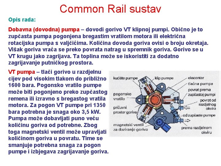 Common Rail sustav Opis rada: Dobavna (dovodna) pumpa – dovodi gorivo VT klipnoj pumpi.