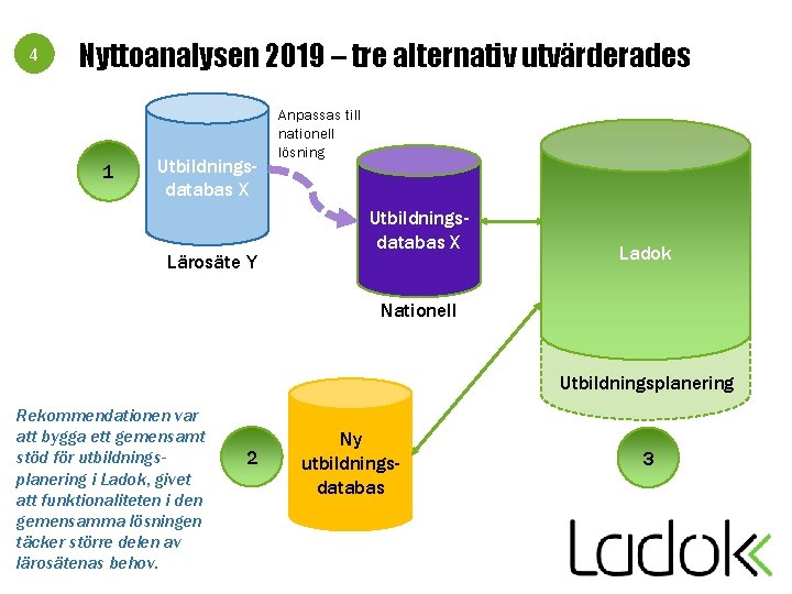 4 Nyttoanalysen 2019 – tre alternativ utvärderades 1 Utbildningsdatabas X Lärosäte Y Anpassas till