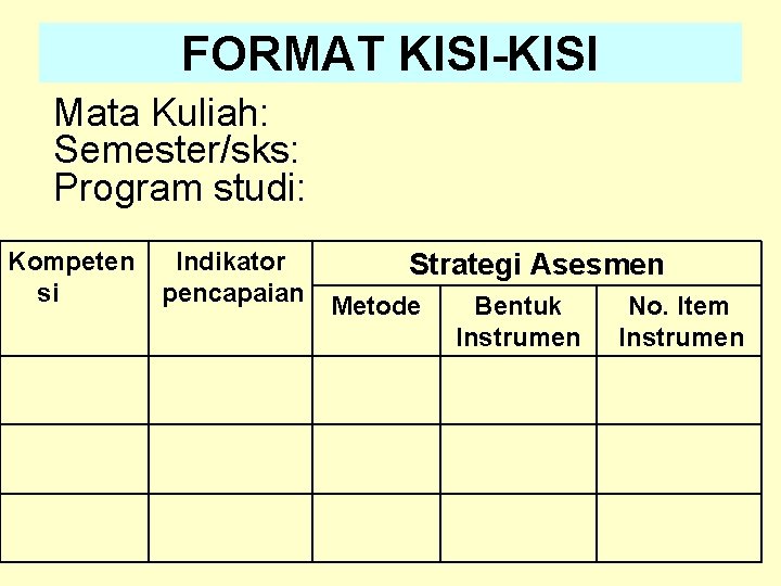 FORMAT KISI-KISI Mata Kuliah: Semester/sks: Program studi: Kompeten si Indikator pencapaian Strategi Asesmen Metode