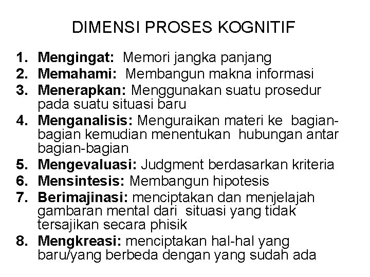 DIMENSI PROSES KOGNITIF 1. Mengingat: Memori jangka panjang 2. Memahami: Membangun makna informasi 3.