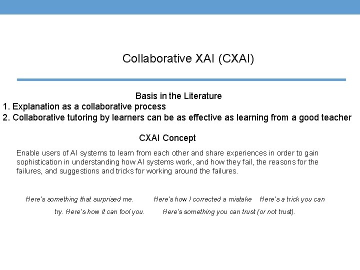 Collaborative XAI (CXAI) Basis in the Literature 1. Explanation as a collaborative process 2.