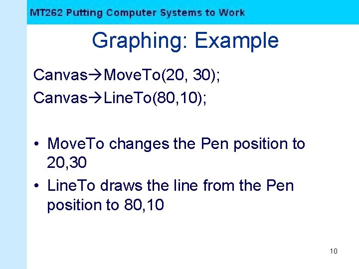 Graphing: Example Canvas Move. To(20, 30); Canvas Line. To(80, 10); • Move. To changes