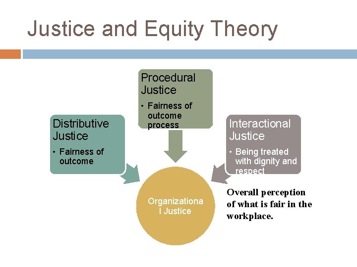 Justice and Equity Theory Procedural Justice Distributive Justice • Fairness of outcome process •