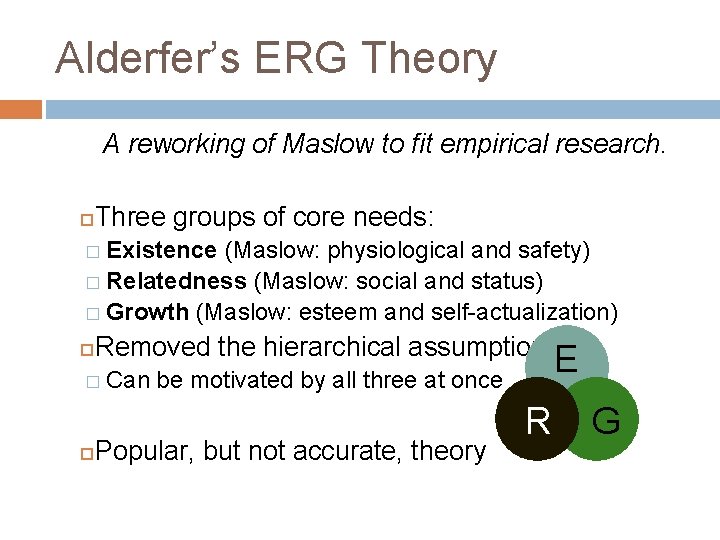 Alderfer’s ERG Theory A reworking of Maslow to fit empirical research. Three groups of