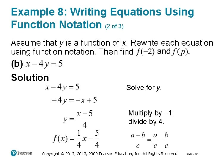 Example 8: Writing Equations Using Function Notation (2 of 3) Assume that y is