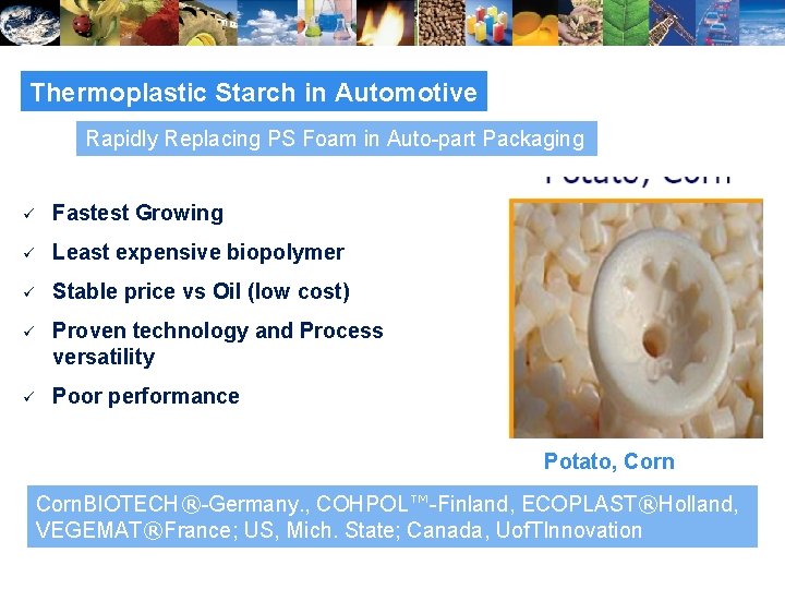 Thermoplastic Starch in Automotive Rapidly Replacing PS Foam in Auto-part Packaging ü Fastest Growing