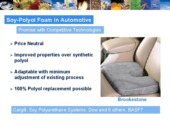 Soy-Polyol Foam in Automotive Promise with Competitive Technologies Ø Price Neutral Ø Improved properties