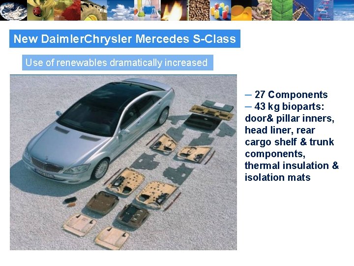 New Daimler. Chrysler Mercedes S-Class Use of renewables dramatically increased ─ 27 Components ─